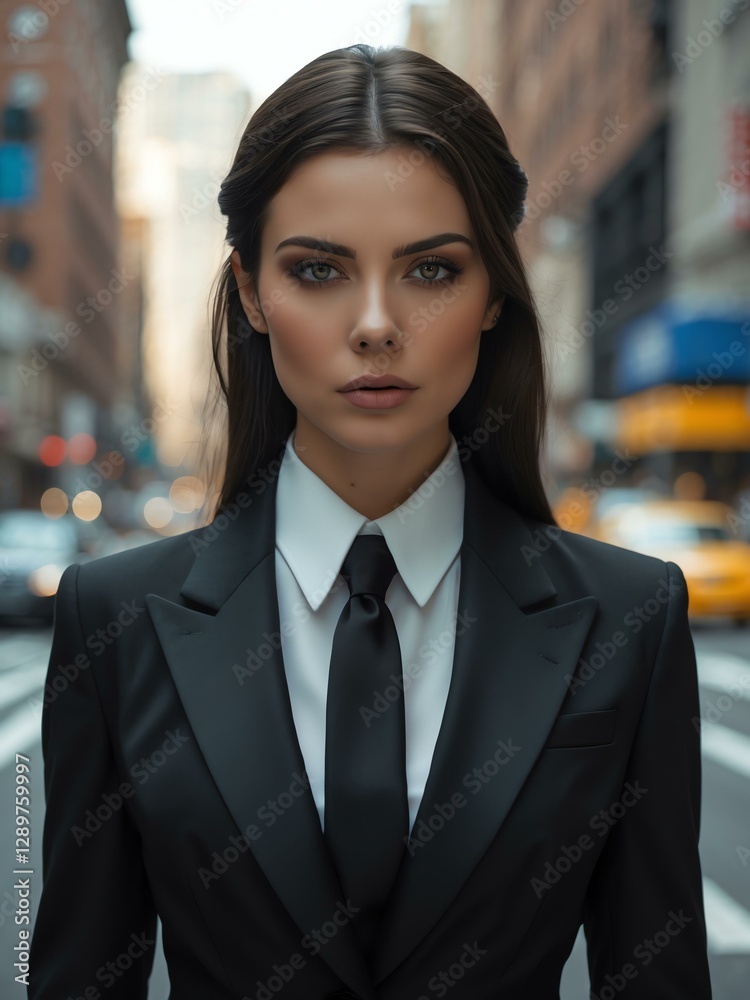 custom made wallpaper toronto digitalAttractive adult american gal in black themed formal suit portrait on busy city street background, facing front and looking serious