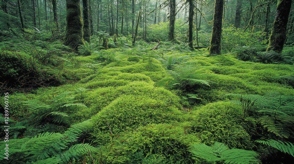 Obraz premium Lush green moss carpet in a temperate rainforest, ferns and tall trees.