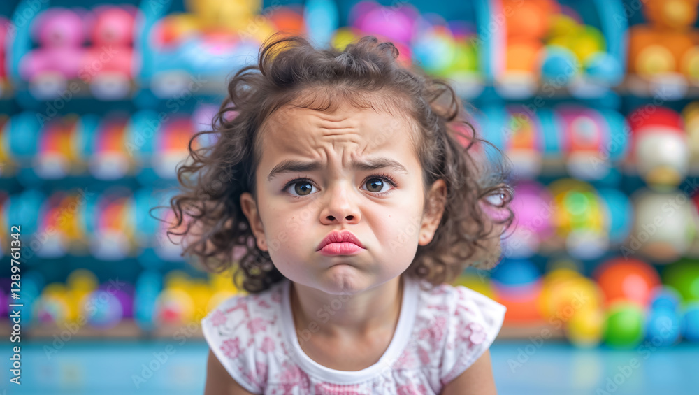 angry capricious little girl in a toy store angry capricious little girl in a toy store