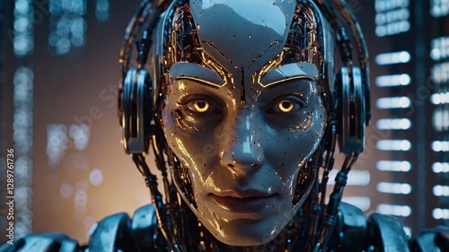 A close-up portrait of a futuristic AI robot, ultra-detailed face with human-like expressions, glowing matrix code in the background