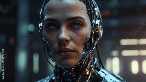 A close-up portrait of a futuristic AI robot, ultra-detailed face with human-like expressions, glowing matrix code in the background