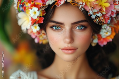 Beautiful young woman with vibrant flower crown and captivating blue eyes in a colorful garden setting during daylight