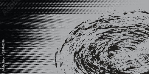 black circular grunge texture, brush strokes isolated on gray background.