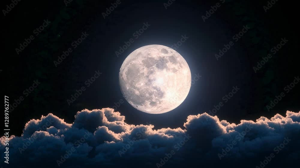 A full moon shines brightly above fluffy clouds in a night sky. The video captures this serene scene from a low-angle perspective, highlighting its tranquility. A full moon shines brightly above fluffy clouds in a night sky. The video captures this serene scene from a low-angle perspective, highlighting its tranquility.