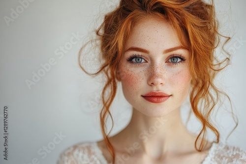 Young woman with vibrant red hair and striking blue eyes poses against a light background showcasing natural beauty and charm