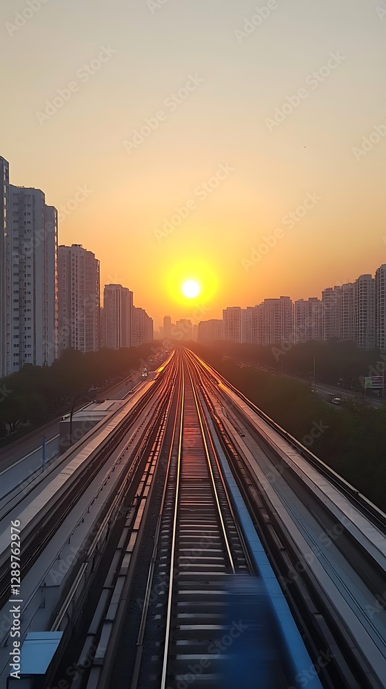 Fototapeta premium Railway tracks and buildings are shown during a beautiful sunset