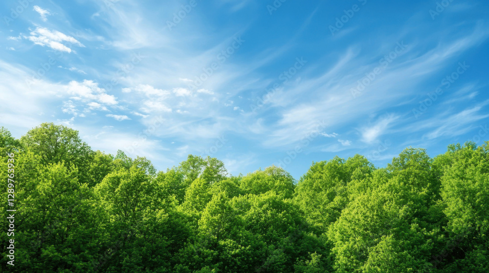 Lush green forest under bright blue sky with wispy white clouds Lush green forest under bright blue sky with wispy white clouds
