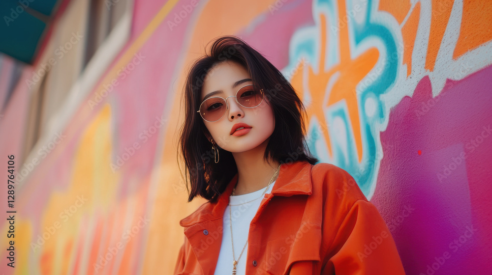 Fototapeta premium Young Asian woman in sunglasses poses confidently in front of colorful mural, showcasing vibrant urban style and dynamic expression