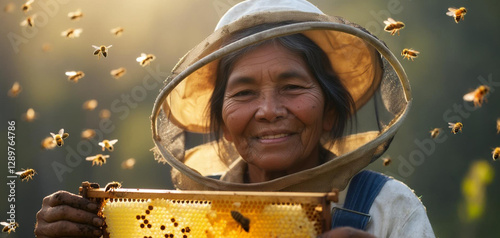 Senior Beekeeper Smiling Amidst Swarming Bees with Honeycomb Frame