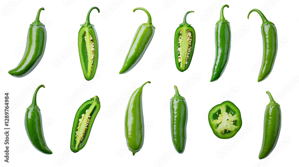 Fresh green chili peppers in various angles, whole, sliced, and grouped, spicy vegetable presentation, isolated on transparent background Fresh green chili peppers in various angles, whole, sliced, and grouped, spicy vegetable presentation, isolated on transparent background