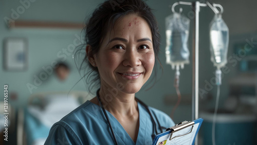 Asian Healthcare Professional Nurse Smiling in Hospital Corridor with Clipboard