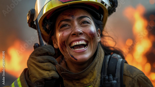 Smiling Female Firefighter in Full Gear Amidst Flames and Smoke