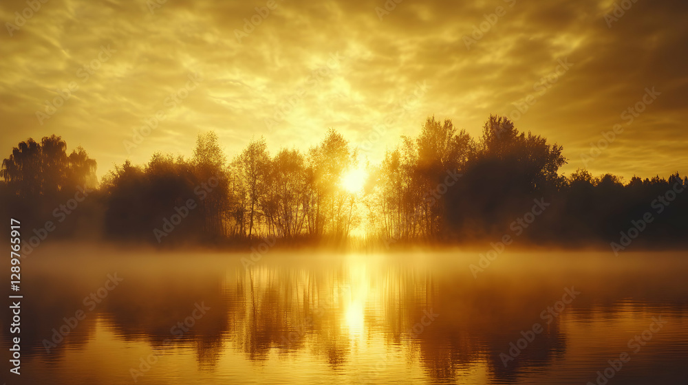 Fototapeta premium Golden tranquility, sunrise over a misty lake reflecting the light through the trees