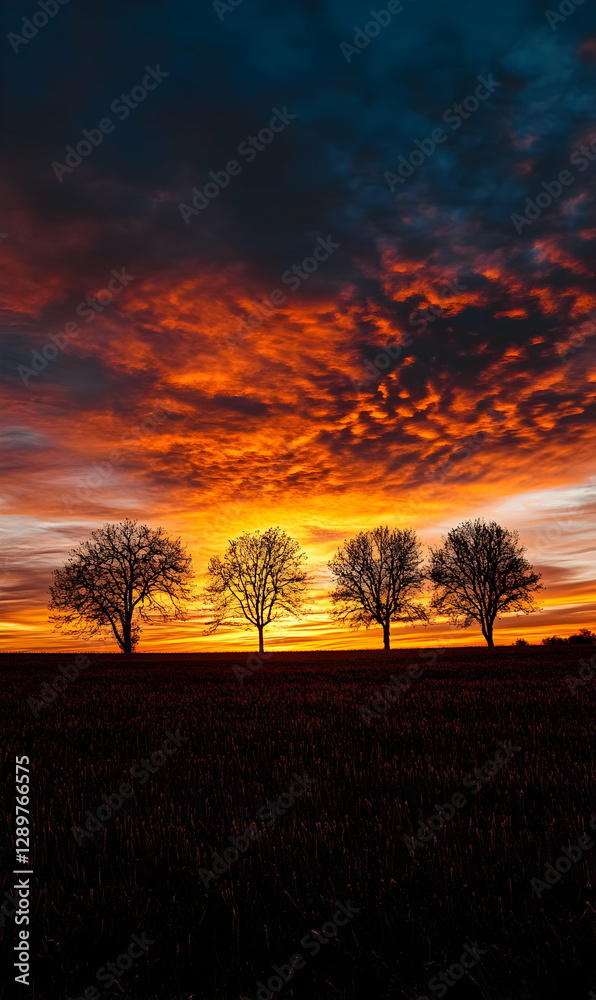 Fototapeta premium Dramatic sunset over a field with silhouetted trees, capturing the tranquility and beauty