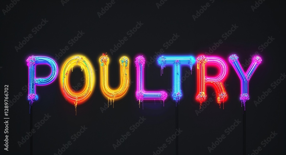 Obraz premium Poultry colorful neon graffiti lettering on plain black background