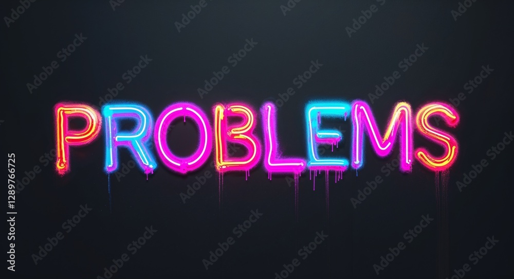 Obraz premium problems colorful neon graffiti lettering on plain black background