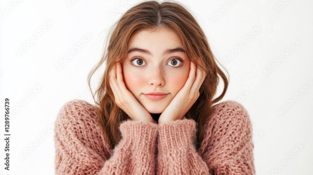 Surprised Woman Leaning on Hands Close-up, Youthful Wonder Surprised Woman Leaning on Hands Close-up, Youthful Wonder