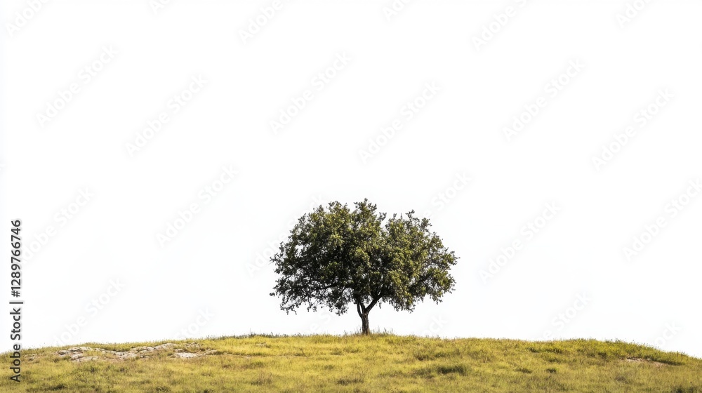 Fototapeta premium Solitary Tree on Hill: Minimalist Nature Scene with Copy Space