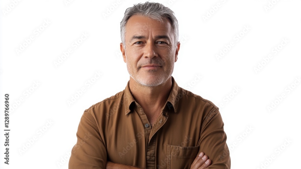 Confident smiling man in brown shirt against white background Confident smiling man in brown shirt against white background