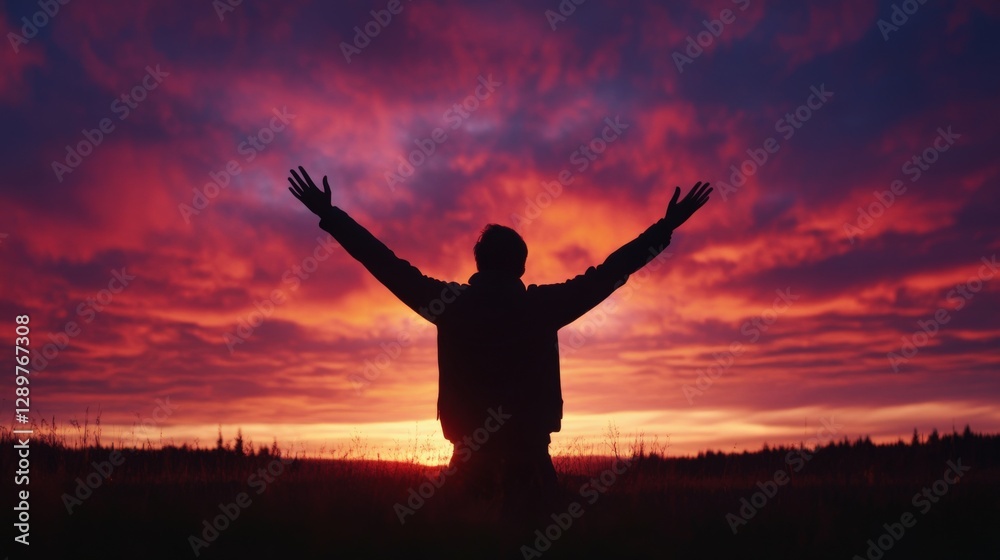 silhouette of person with outstretched arms at sunset silhouette of person with outstretched arms at sunset