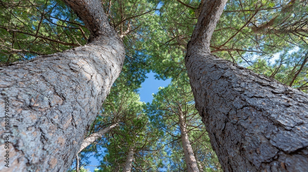 Fototapeta premium Pine trees towering above, looking up at blue sky. Possible use nature background, travel, inspirational photo