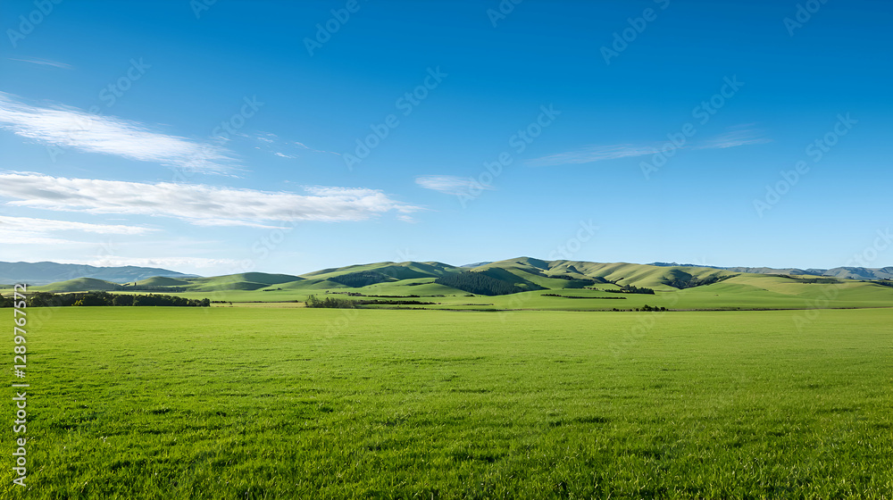 Obraz premium Bright Sunny Day in a Vast Green Field with Rolling Hills and Blue Sky