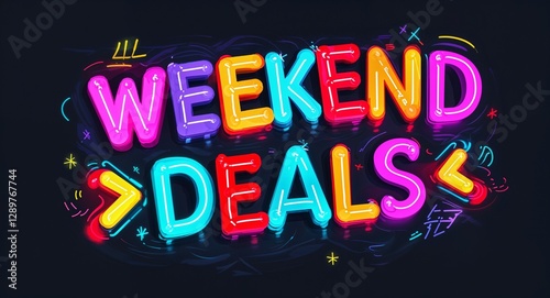 Weekend deals colorful neon graffiti lettering on plain black background