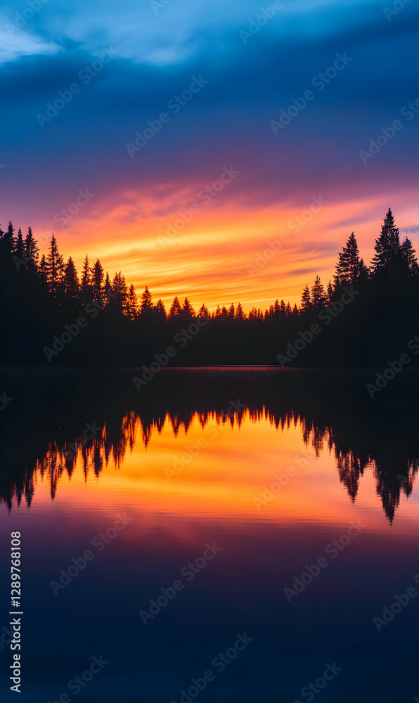 Fototapeta premium Colorful sunset reflecting over a still lake, creating a captivating symmetrical reflection