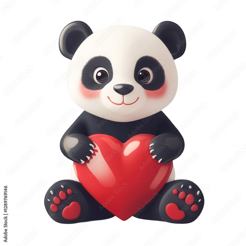 Fototapeta premium Cute panda holding a red heart on transparent background