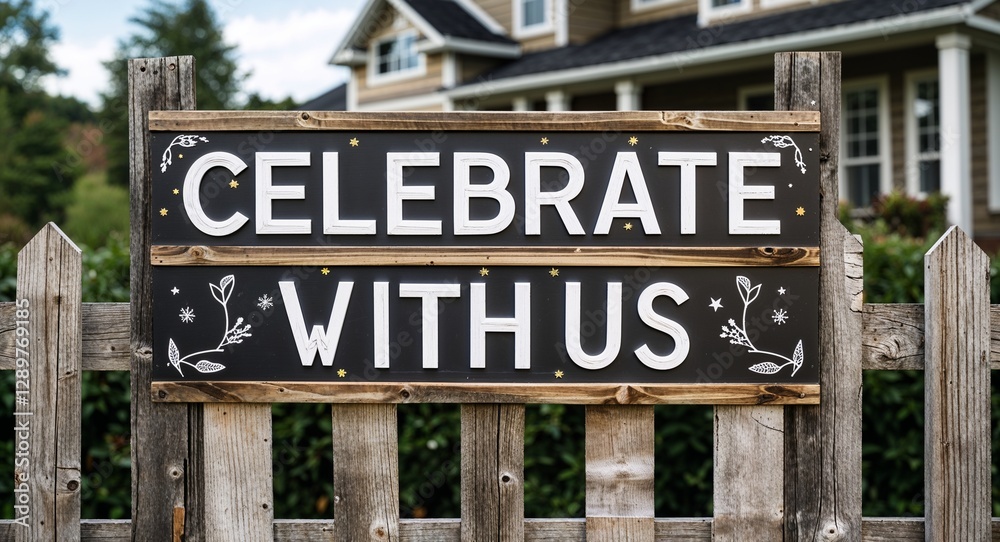 Fototapeta premium celebrate with us lettering on sign at fence with house background