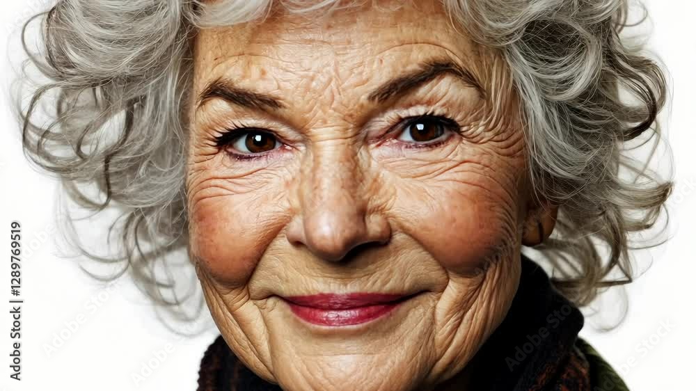 Smiling elderly woman with curly gray hair sharing warmth and wisdom through her expressive features Smiling elderly woman with curly gray hair sharing warmth and wisdom through her expressive features
