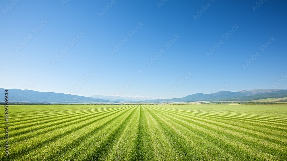 Naklejka premium Vast Green Field Under a Bright Blue Sky