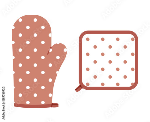 Oven Gloves Mitt and potholder cartoon Mocha Mousse polka dot pattern Fashion hand accessory clothing technical illustration garment. Vector style flat template CAD sketch outline on white background