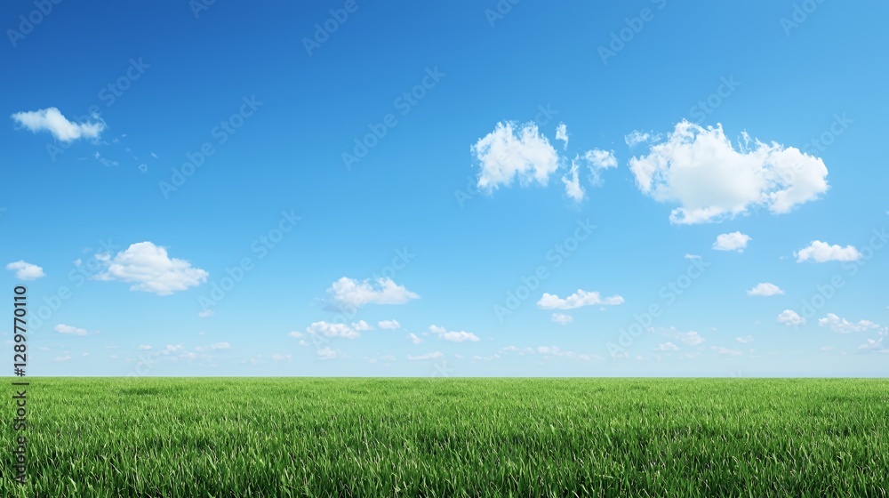 Vast Green Field Under a Bright Blue Sky with Fluffy Clouds