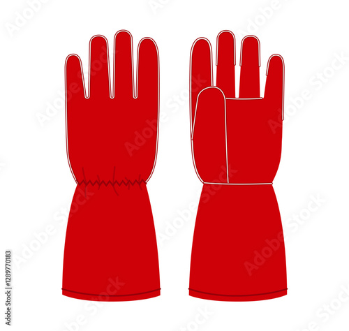Welding Gloves Working hand accessory clothing red cartoon technical illustration garment. Vector front palm back view for Men, women, unisex style flat template CAD sketch outline on white background