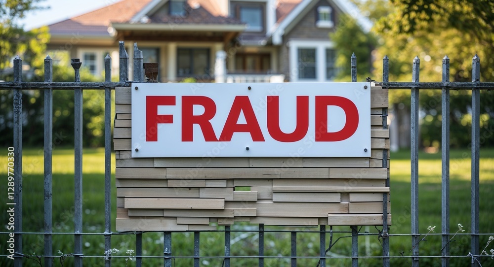 fraud lettering on sign at fence with house background fraud lettering on sign at fence with house background