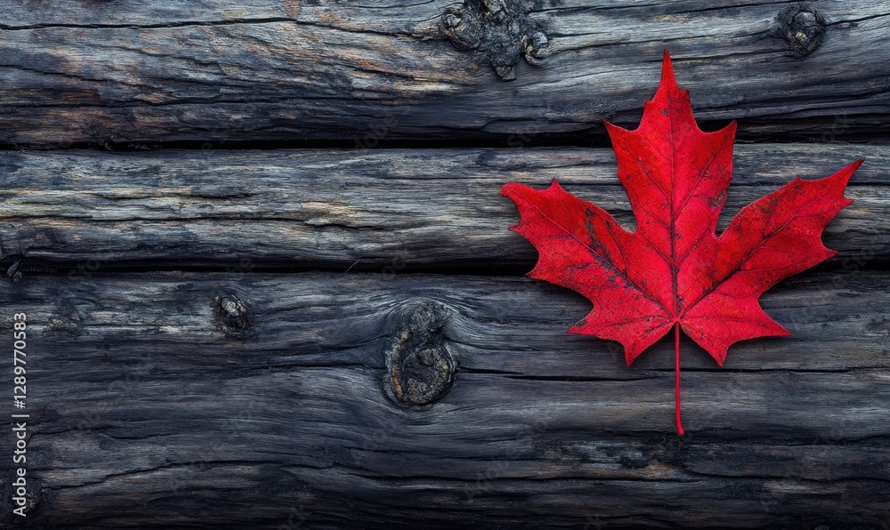 Red maple leaf on rustic wood background, autumn theme Red maple leaf on rustic wood background, autumn theme