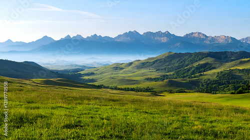 Picturesque Mountain Valley Landscape With Lush Green Meadows Under a Clear Sky