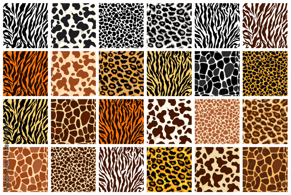 WebAnimal skin seamless pattern set. Mammals Fur. Collection of print skins. Cheetah, Giraffe, Tiger, Zebra, Leopard, Jaguar, cow. Printable Background. Vector illustration.
