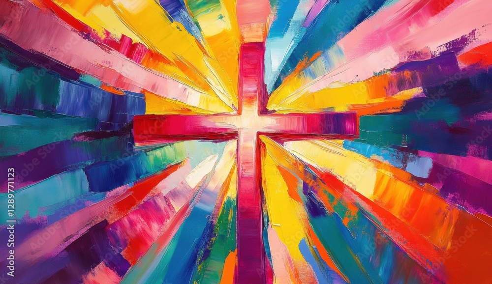 Obraz premium An abstract painting of a cross, with rays emanating from it in a vibrant array of colors The painting is vivid, colorful, and exudes a sense of joy and happiness Generative AI
