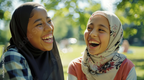 Two happy muslim girls laughing together in a park. Female teen friends socialising. Multiethnic children wearing hijabs. Candid happiness concept. 