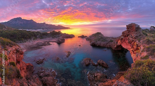 Coastal sunrise panorama, tranquil cove, colorful sky, rocky cliffs, travel