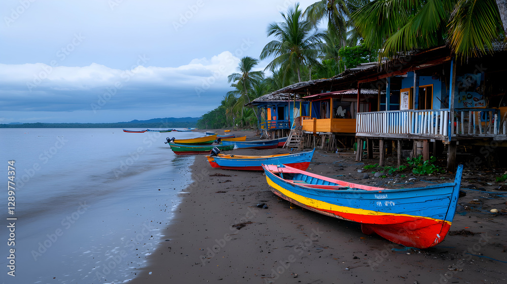Colorful Fishing Boats on Tropical Beach Colorful Fishing Boats on Tropical Beach