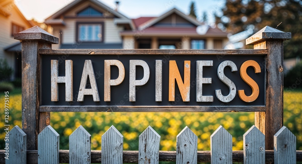 Fototapeta premium happiness lettering on sign at fence with house background