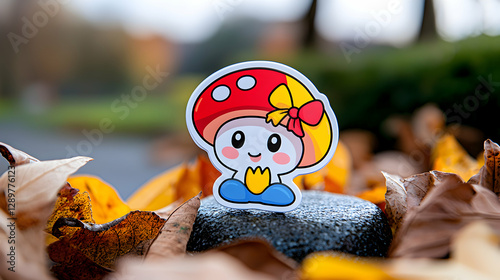 Cute Whimsical Mushroom Sticker on Autumn Leaves photo