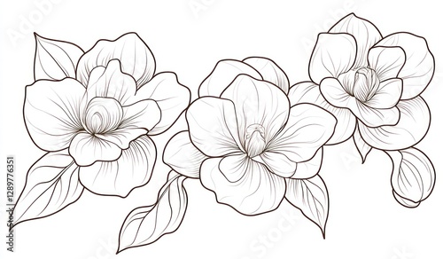 Elegant line art drawing of three blooming gardenias.