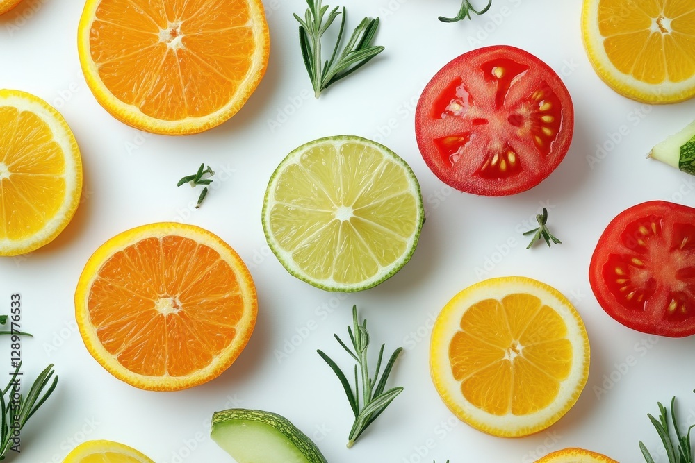 Freshly cut fruits and vegetables arranged in a colorful display on a white surface showcasing healthy eating options Freshly cut fruits and vegetables arranged in a colorful display on a white surface showcasing healthy eating options