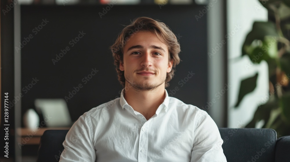 Obraz premium Smiling Caucasian Man Poses in Modern Office, Business Style
