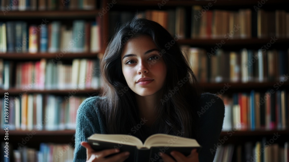 Pensive Brunette Reading in Library with Scholarly Charm Pensive Brunette Reading in Library with Scholarly Charm