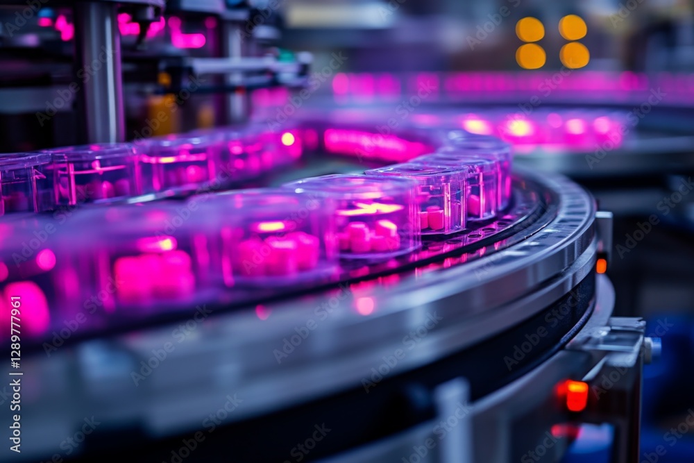 Conveyor belt transporting jars of product in a modern industrial facility at night with vibrant pink lighting Conveyor belt transporting jars of product in a modern industrial facility at night with vibrant pink lighting